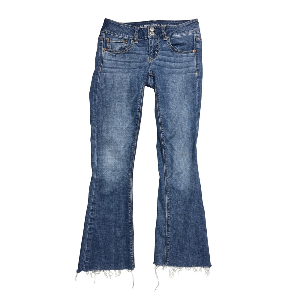 American Eagle Artist Super Stretch Jeans Blue Denim Low Rise Raw Hem Size 2